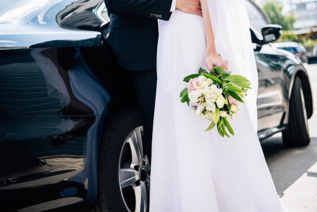 Chauffeur-driven luxury car decorated for a wedding, ready for hire across Ireland