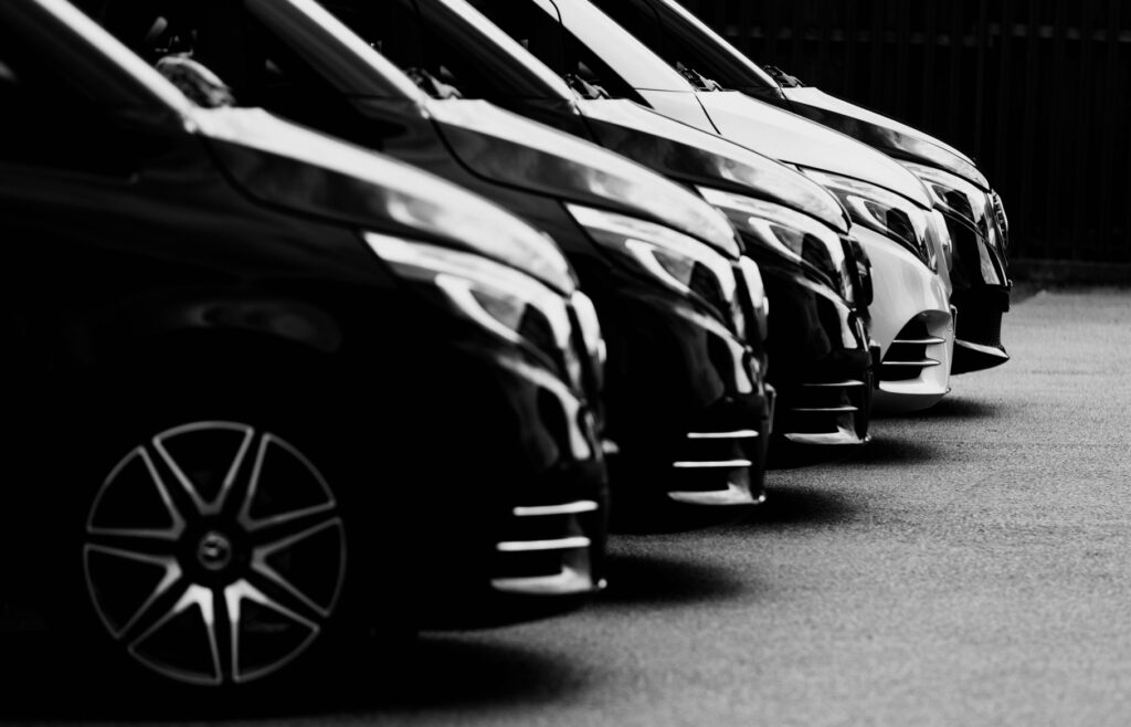 Lineup of top-tier Mercedes vehicles including S-Class, E-Class, and V-Class used for luxury chauffeur services in Ireland